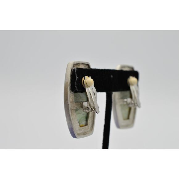 Vintage Earrings Brushed Silver Faux Green Stone Cabochon Statement 1980s 9G - Picture 7 of 12